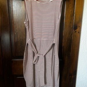 Sleeveless Brown and White Striped Tie-Waist Dress